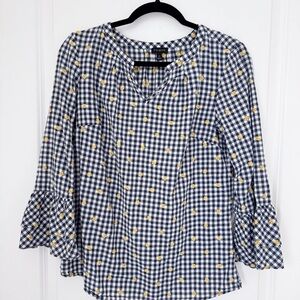 TALBOTS Gingham Blue White with Yellow Flowers Ruffled Bell Sleeve Blouse Size S